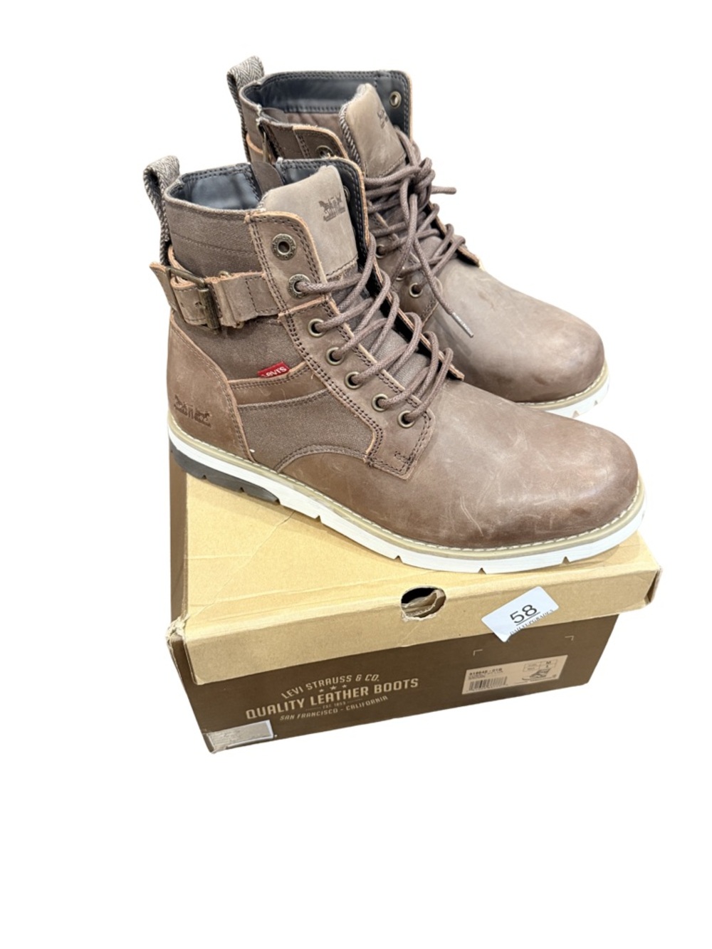 Levi's Men's Tan/Brown Leather Lace-Up Work Boots with Buckle Strap - Picture 2 of 3